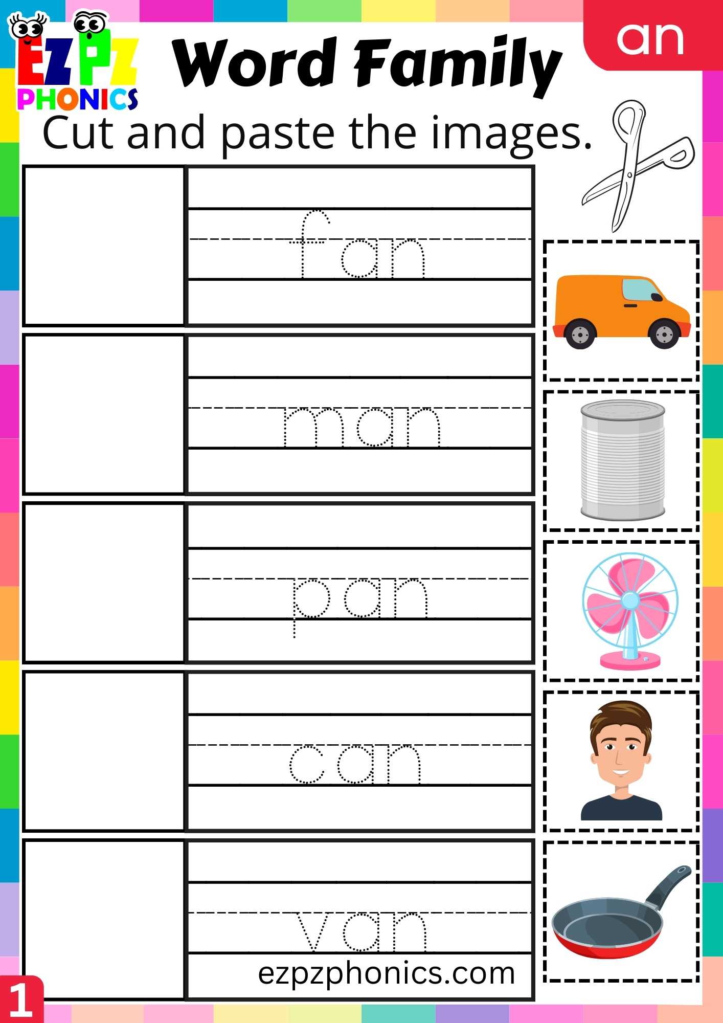 AN Words Cut And Paste The Images Phonics Word Families Worksheet